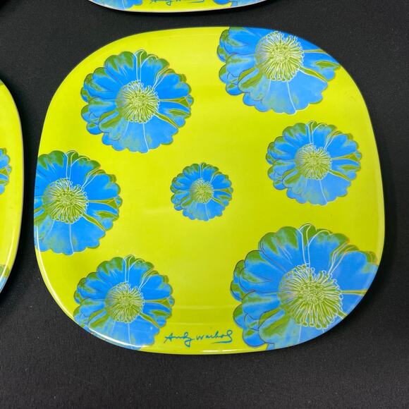 Andy Warhol Melamine Plates Set of 4 Salad 8.25" Green Blue Tacoma Flower Floral - Picture 2 of 6